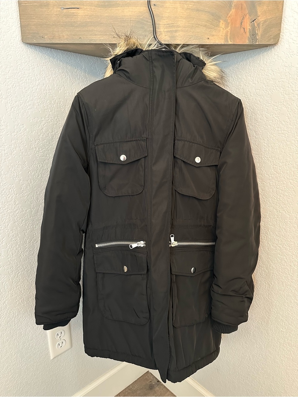 Divided Black Women's Military-Style Parka with Faux Fur Trim